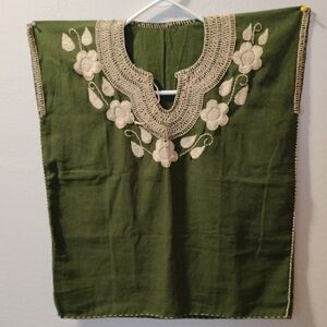 Hand Crafted Green Blouse with Cream Embroidery